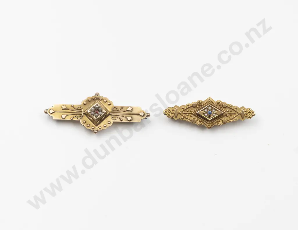 Two NZ 9ct Gold Brooches both lozenge bars set with seed pearls (one missing) marked 'T H 9CT' Image 1++