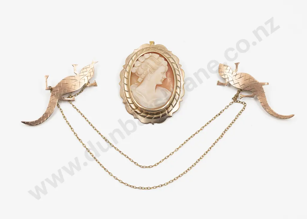 NZ 9ct Pair Lizard Shawl Brooches and Cameo Brooch Image 1++