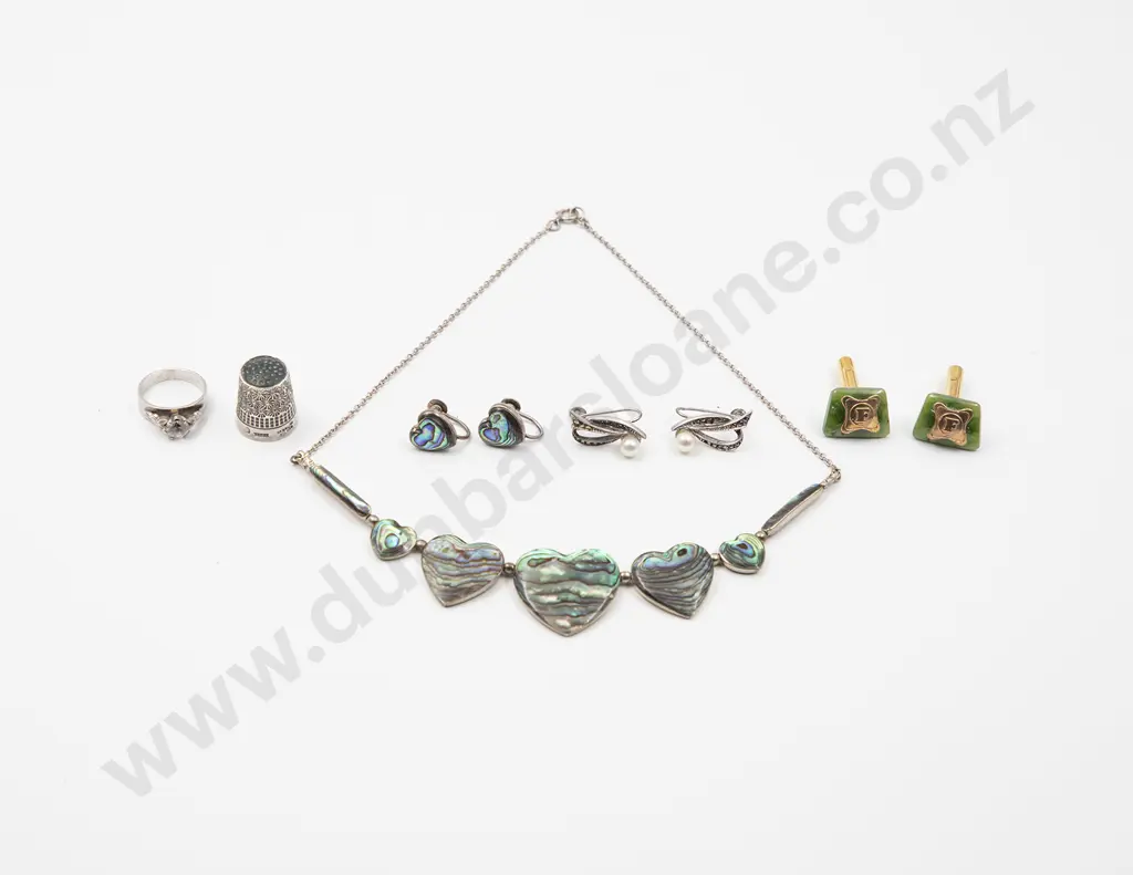 Boxed NZ Sterling Silver and Paua Shell Necklace with matching earrings in Wallace Lamb  Box Image 1++