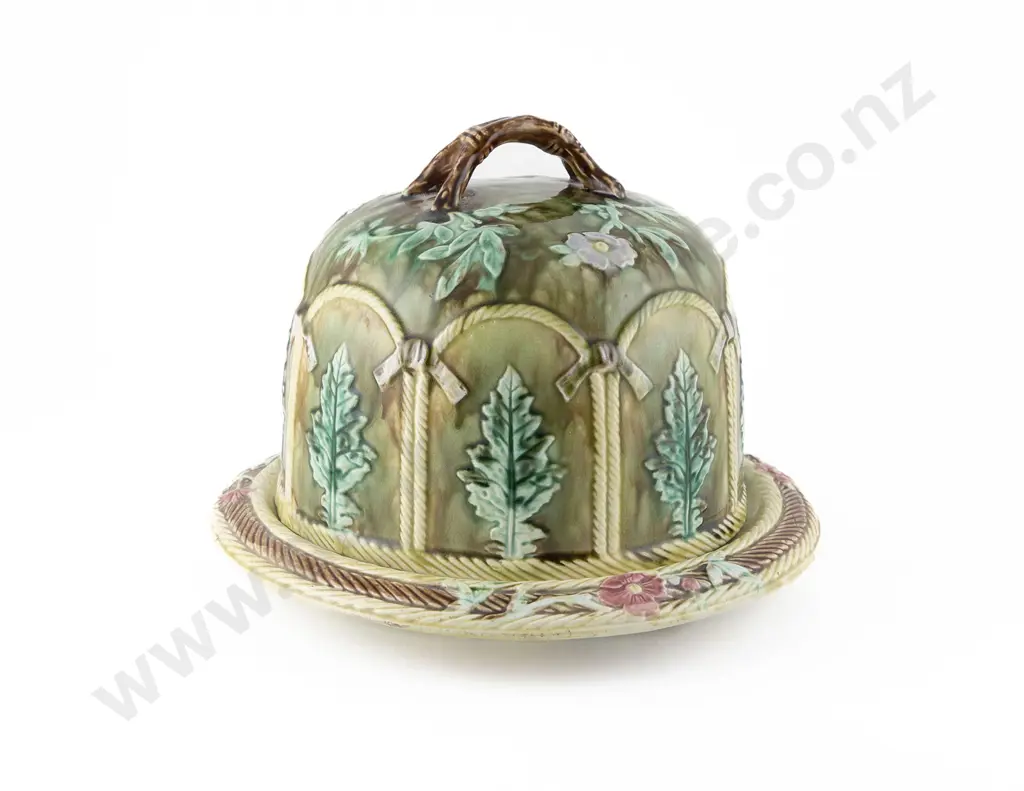 C19th Majolica Glaze Cheese Dome on Tray Image 1++