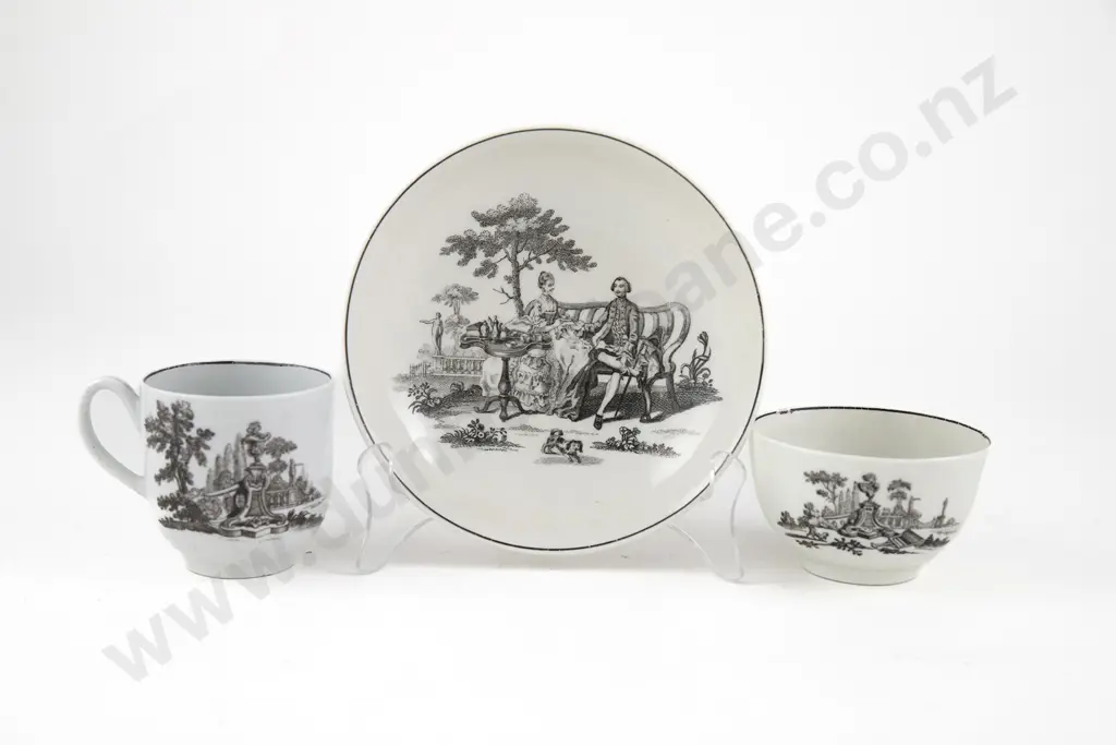First Period Worcester Near Matched Trio C1760 transfer-printed in black enamel of romantic scene painted Robert Hancock Image 1++