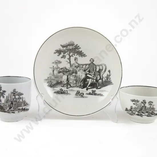 First Period Worcester Near Matched Trio C1760 transfer-printed in black enamel of romantic scene painted Robert Hancock