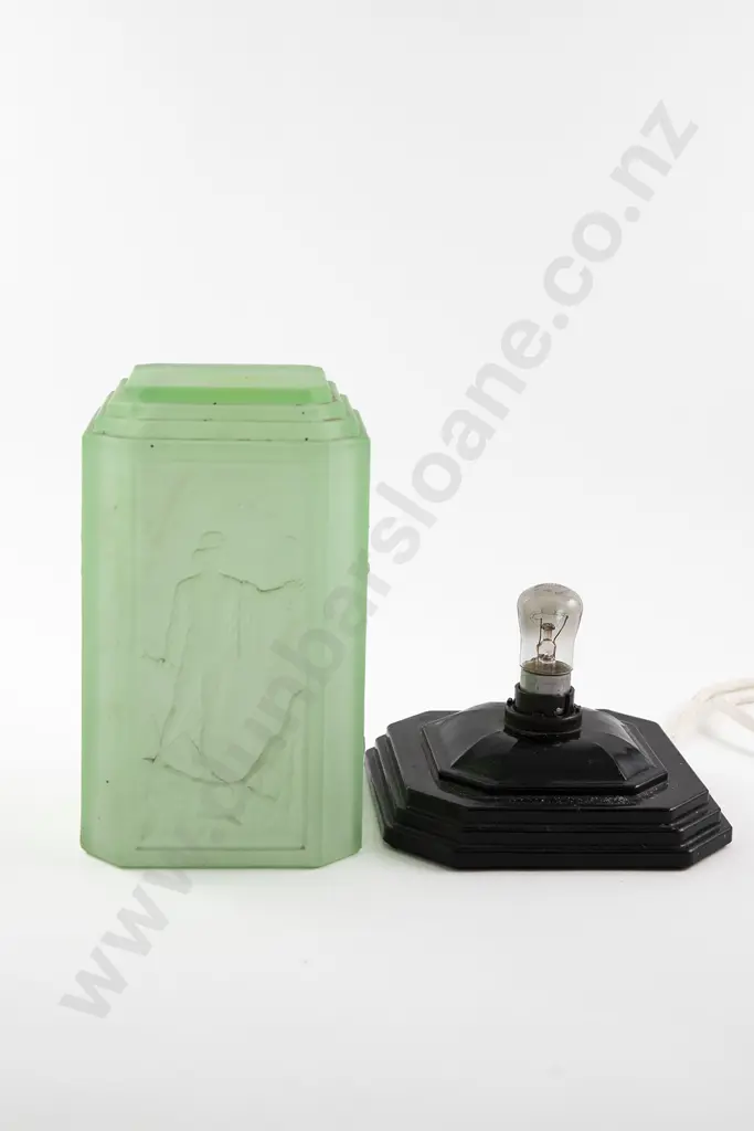 An Art Deco Period  Moulded Green Glass Table Lamp Image 1++