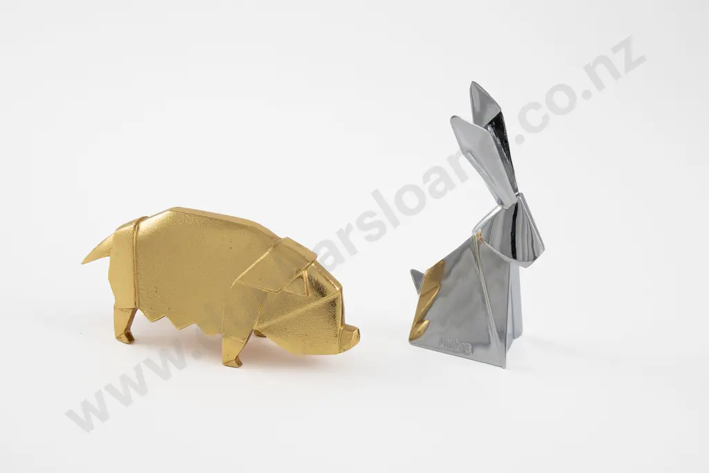 Two Modern European Cubist Style Metal Figures of a Pig and a Rabbit Image 1++