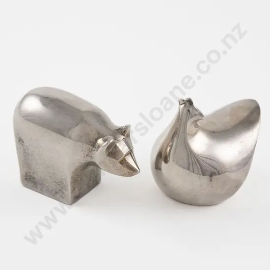 Two Heavy Silver Plated Paperweights of a Hen and Bear by Dansk Design