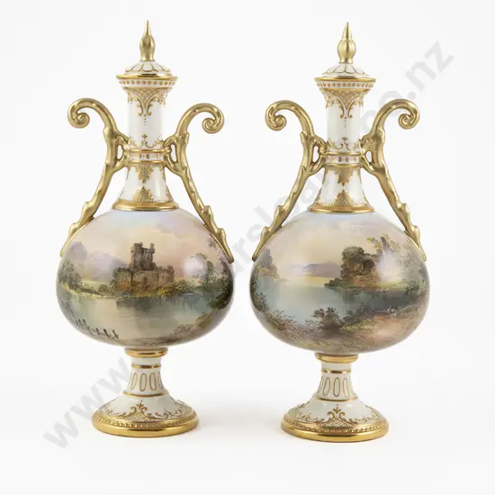 Pair Royal Doulton Two Handled Lidded Specimen Vases