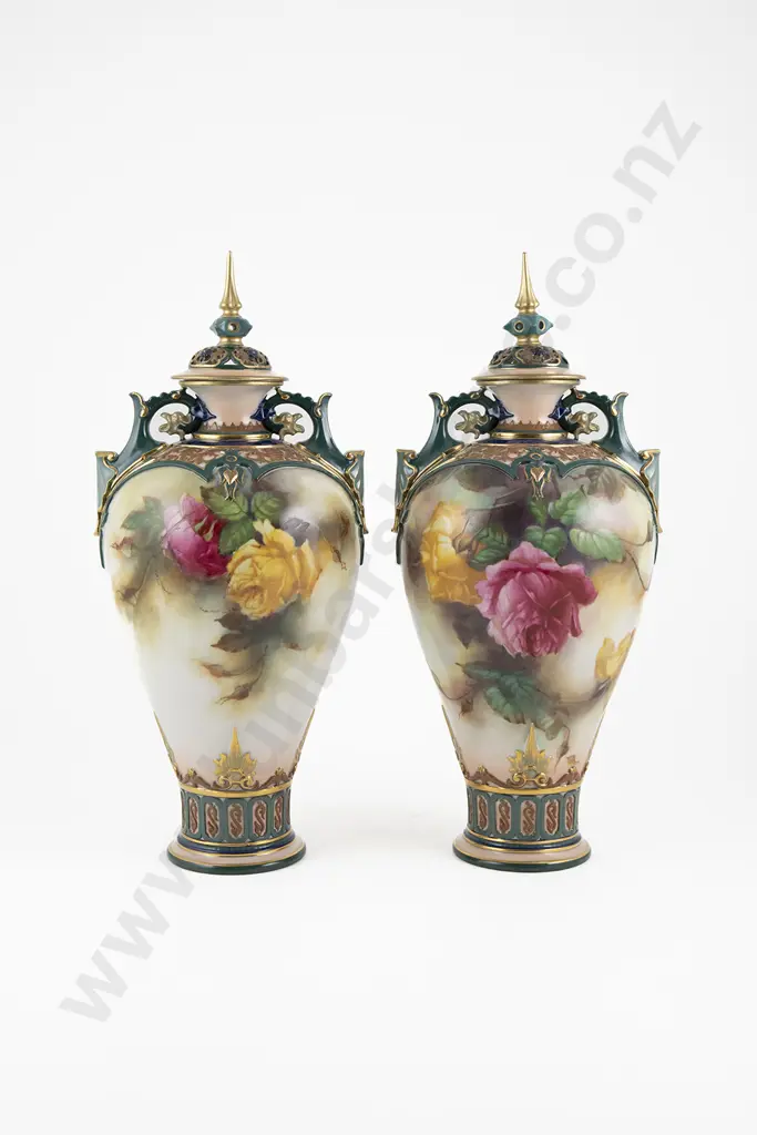 Pair Royal Worcester Hadleys Covered Vases Image 1++