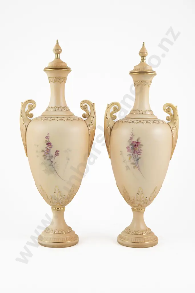 Pair Royal Worcester Grainger Two Handled Lidded Vases Image 1++