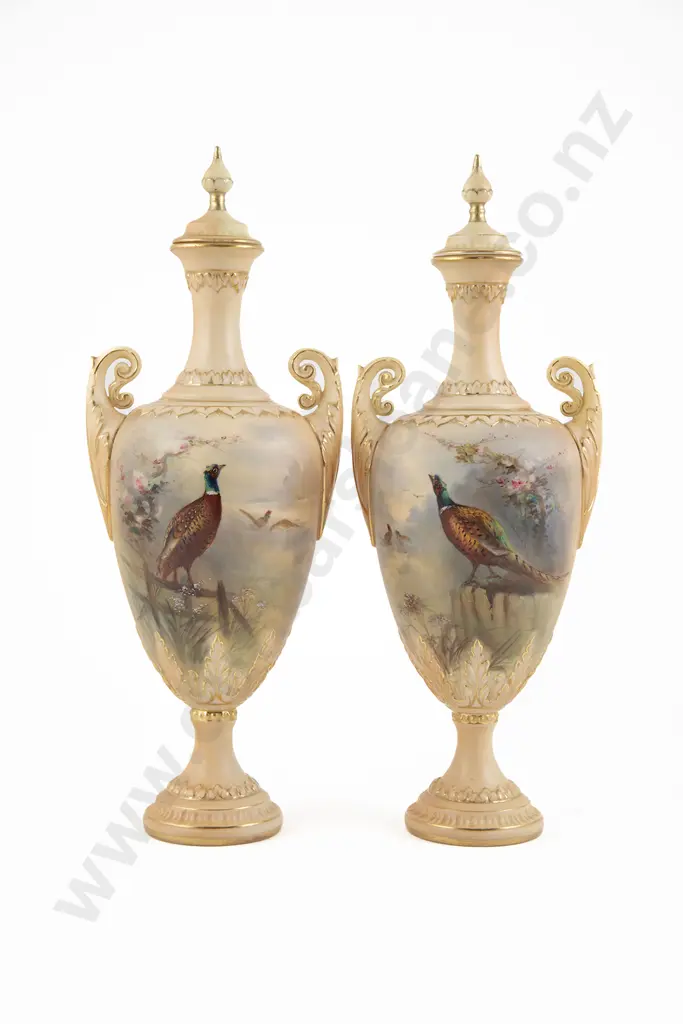 Pair Royal Worcester Grainger Two Handled Lidded Vases Image 1++