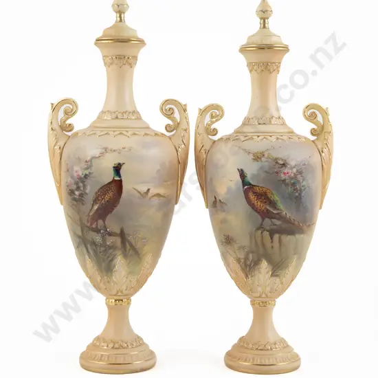 Pair Royal Worcester Grainger Two Handled Lidded Vases