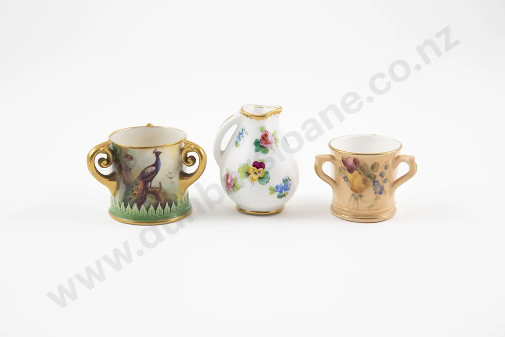 Two Miniature Royal Worcester Three Handled Cups & Miniature Royal Doulton Jug Image 1++