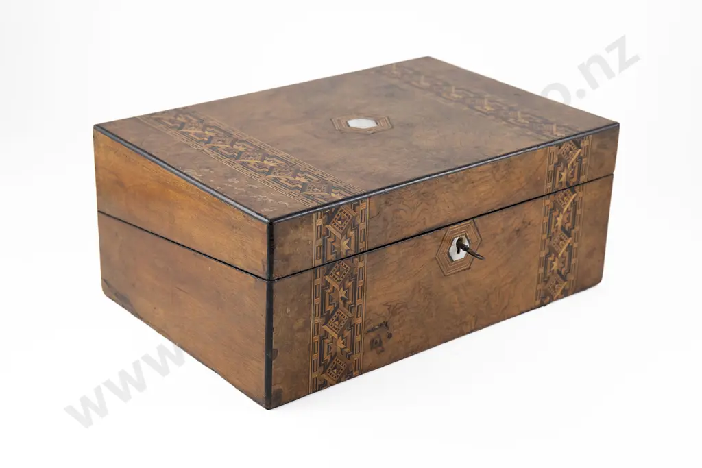 Vict Burr Walnut & Parquetry Banded Portable Writing Box Image 1++