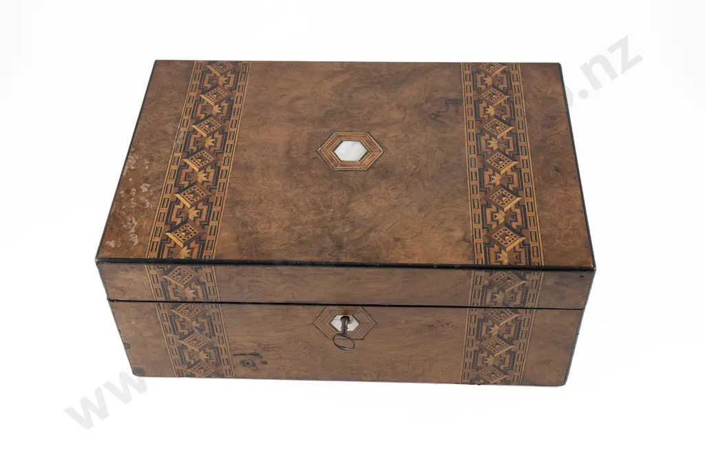 Vict Burr Walnut & Parquetry Banded Portable Writing Box Image 1++