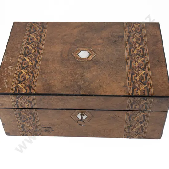 Vict Burr Walnut & Parquetry Banded Portable Writing Box