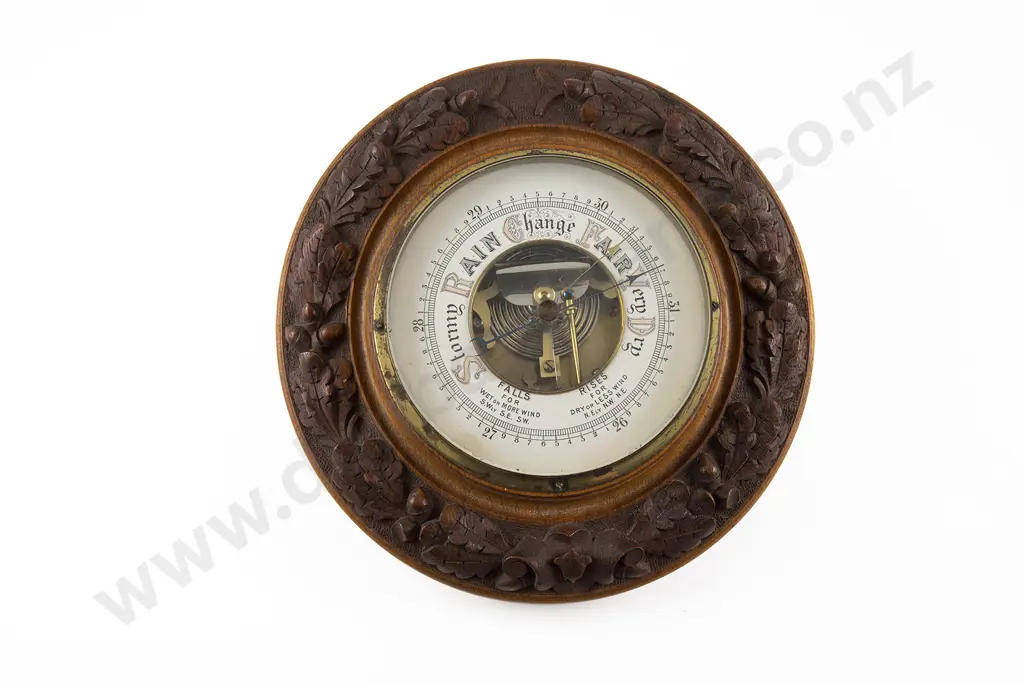 Late Vict Oak Circular Wall Barometer Image 1++