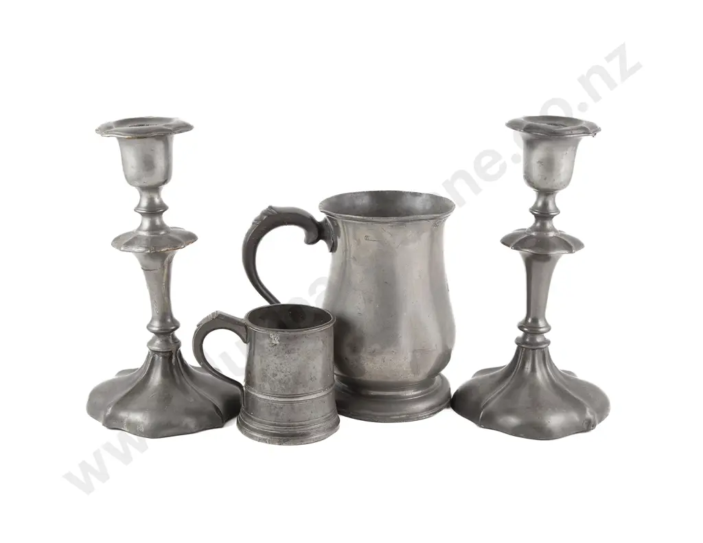 Two Vict Pewter Tankards & Pair Candlesticks Image 1++