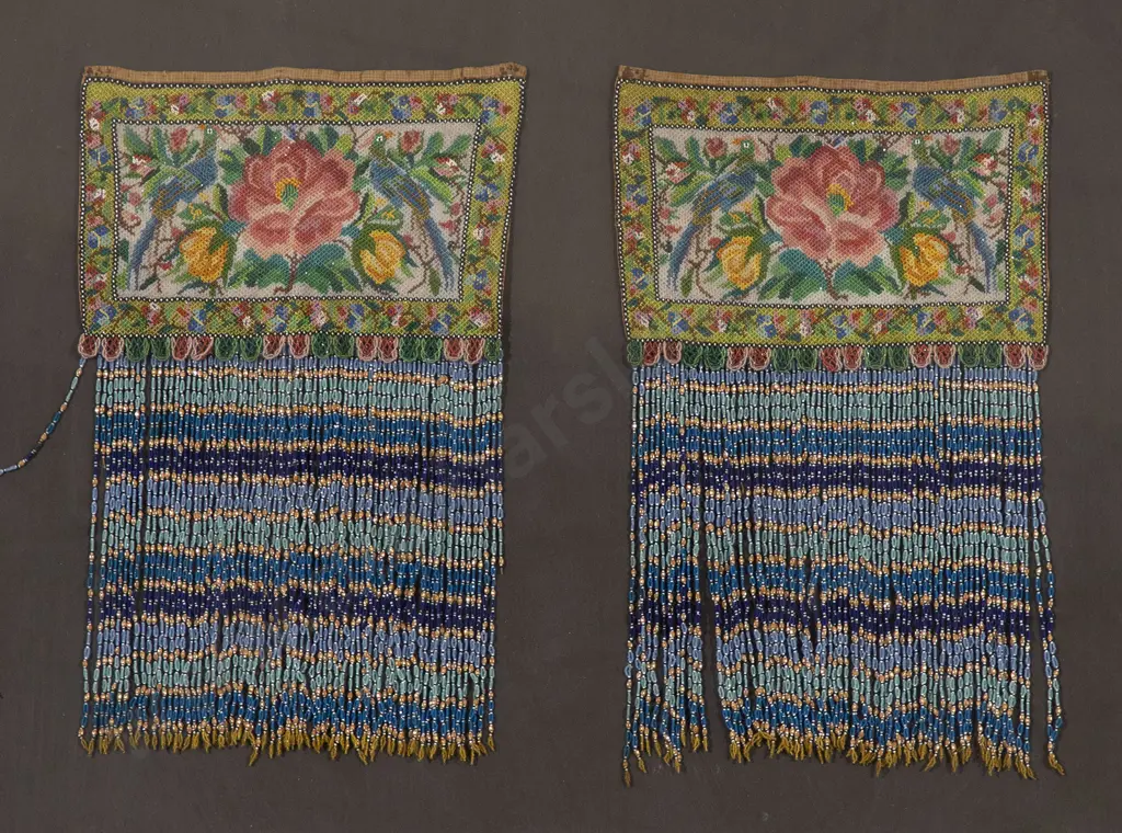 Framed Antique Pair Chinese Beaded Headdress Panels Image 1++