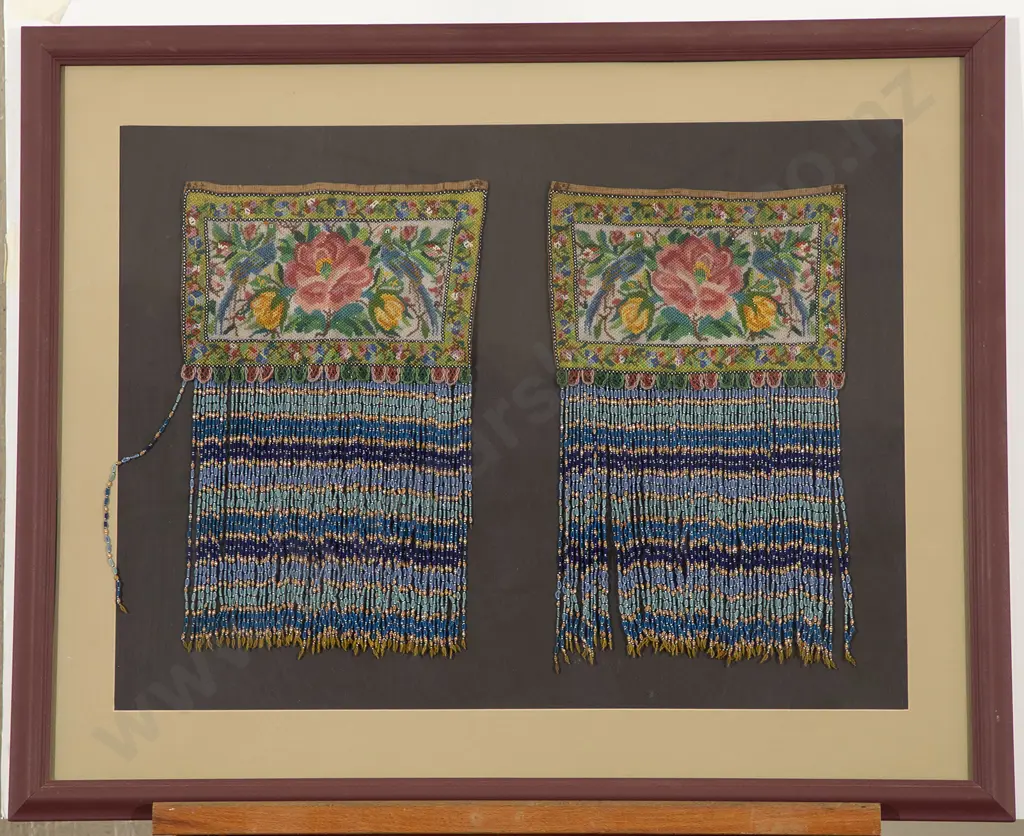 Framed Antique Pair Chinese Beaded Headdress Panels Image 1++