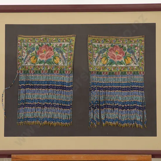 Framed Antique Pair Chinese Beaded Headdress Panels