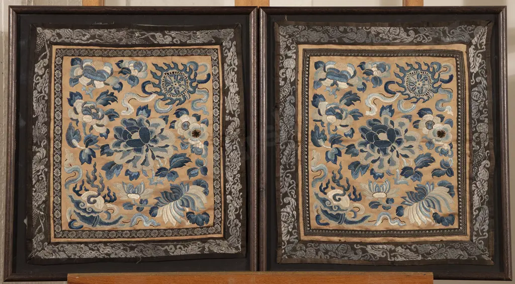 Two Framed Antique Chinese Embroidered Floral Panels Image 1++
