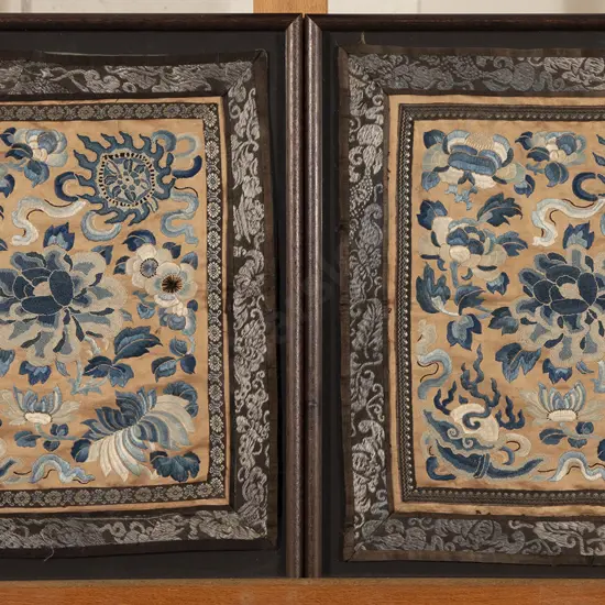 Two Framed Antique Chinese Embroidered Floral Panels
