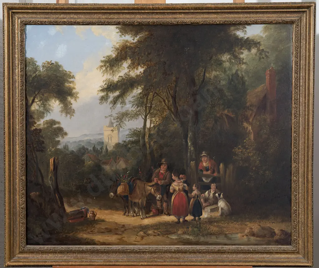 Style Of George Moreland, Extensive English Landscape With Family By A Cottage Image 1++