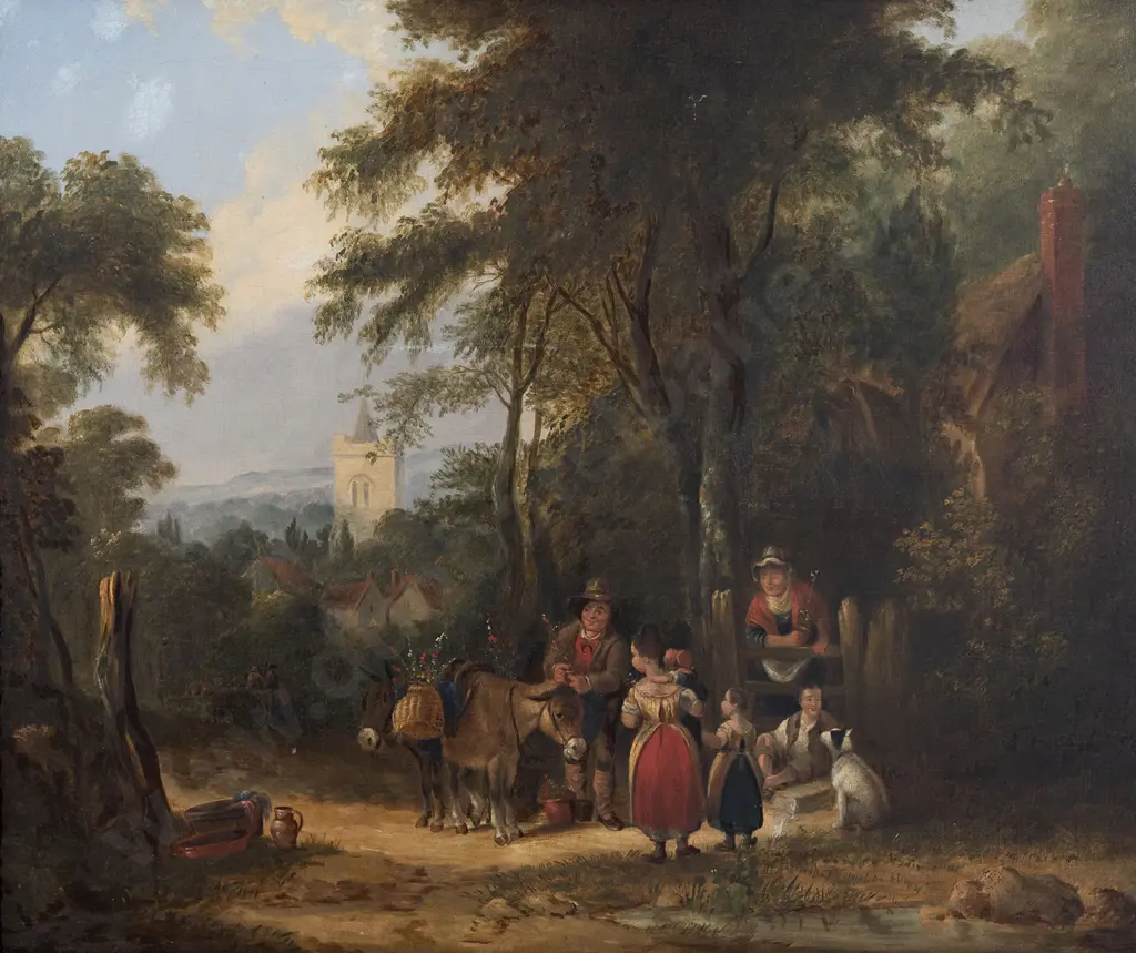 Style Of George Moreland, Extensive English Landscape With Family By A Cottage Image 1++