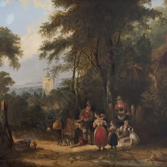 Style Of George Moreland, Extensive English Landscape With Family By A Cottage