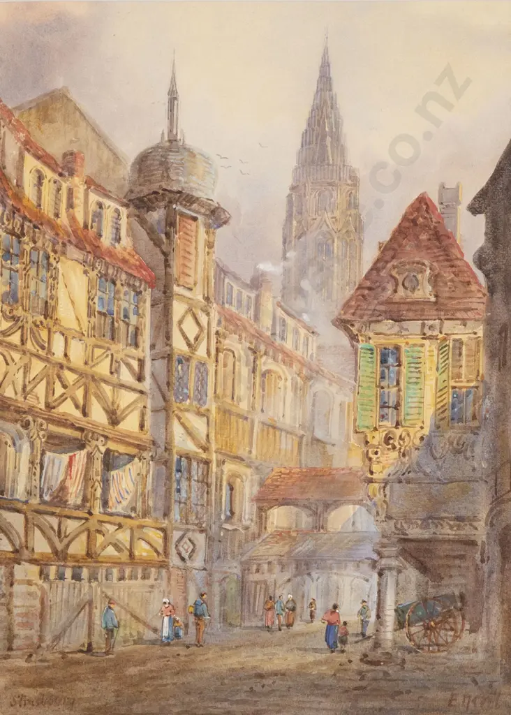 E. Nevil (British C.1880-1900) - Two Watercolor European City Scenes Image 1++
