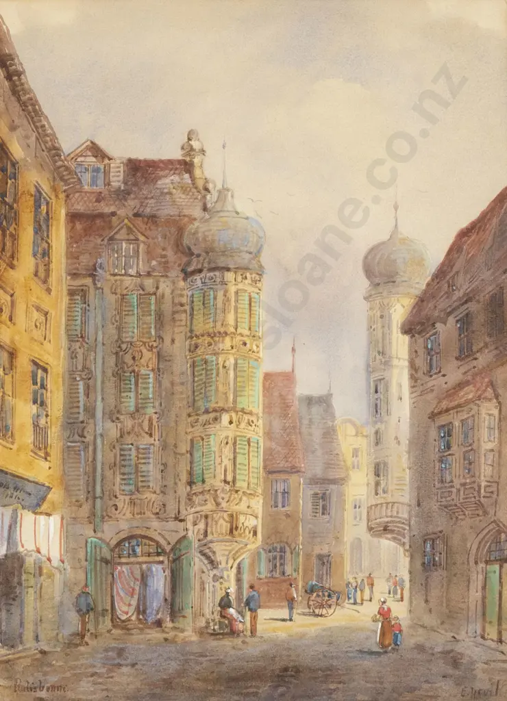 E. Nevil (British C.1880-1900) - Two Watercolor European City Scenes Image 1++