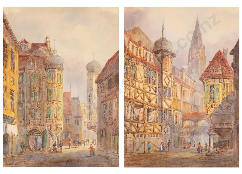 E. Nevil (British C.1880-1900) - Two Watercolor European City Scenes Image 1++