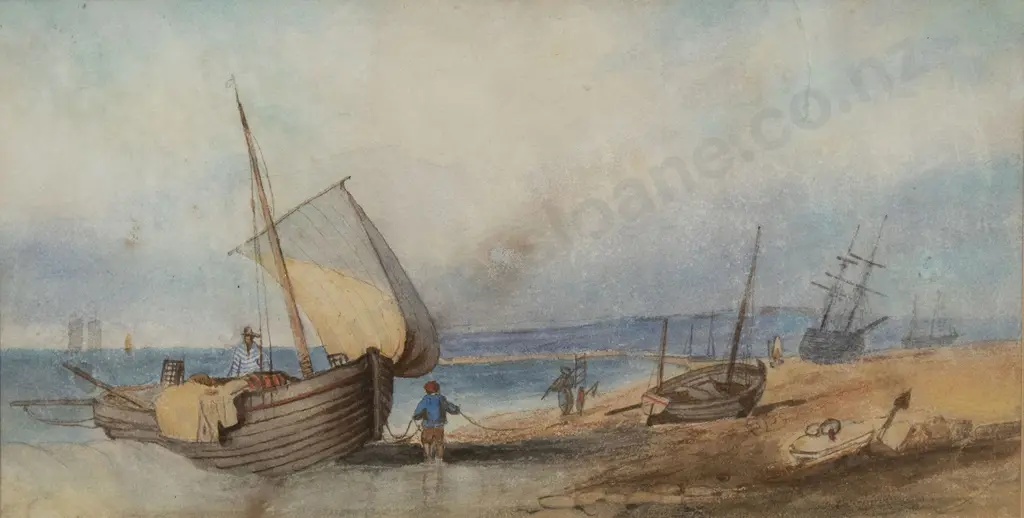 Watercolor Coastal Boat Scene Image 1++