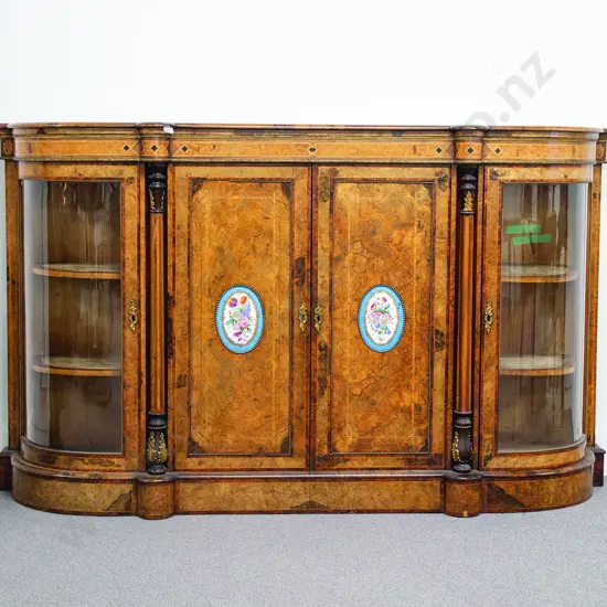 A Fine C19th Burr Walnut Amboyna Parquetry & Ormolu Credenza