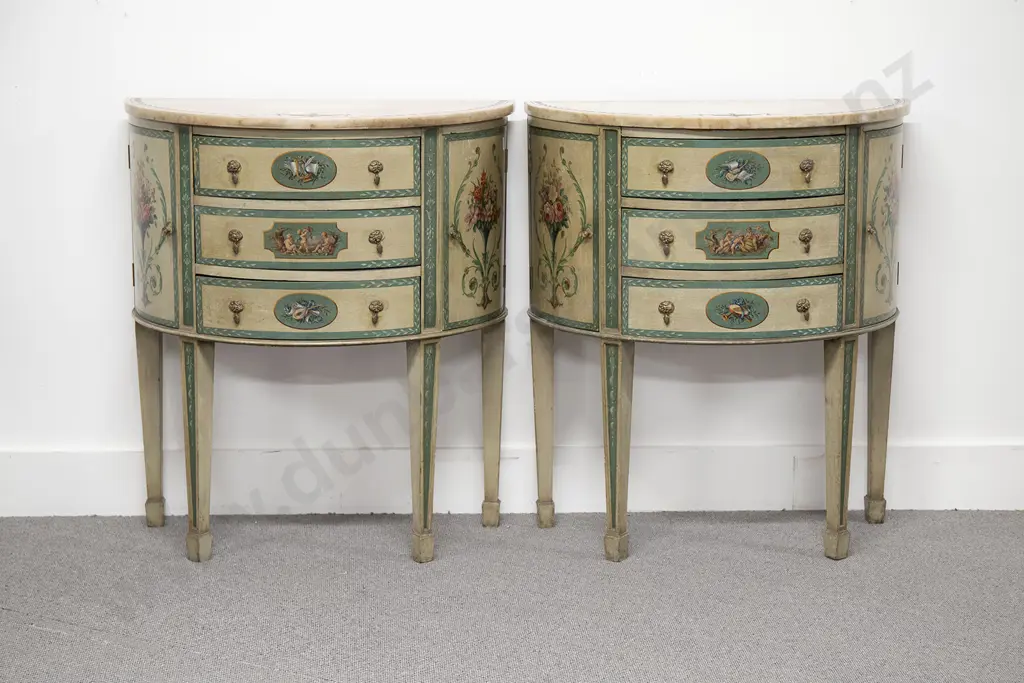 Pair Of Marble Top Painted Demi Lune Side Cabinets Image 1++