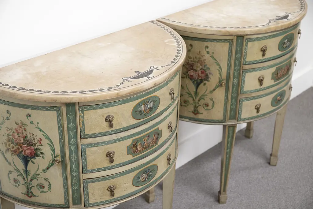 Pair Of Marble Top Painted Demi Lune Side Cabinets Image 1++