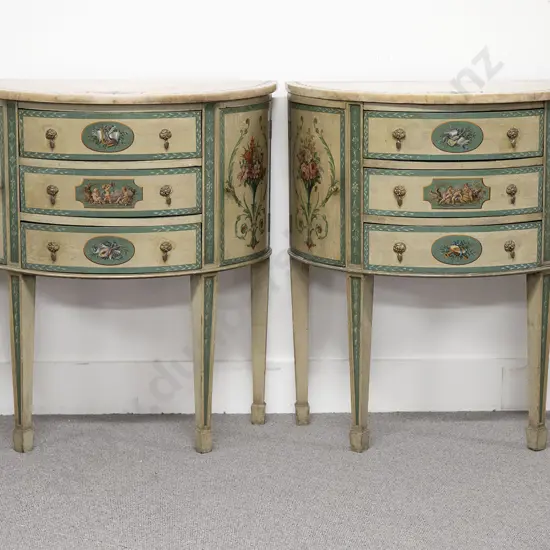 Pair Of Marble Top Painted Demi Lune Side Cabinets
