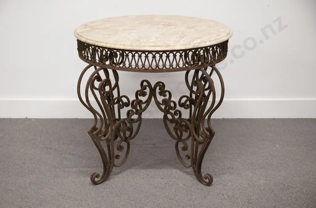 French Wrought Metal Marble Top Circular Garden Table Image 1++
