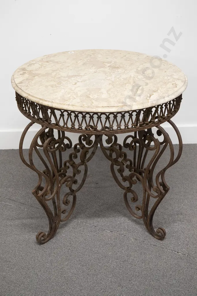 French Wrought Metal Marble Top Circular Garden Table Image 1++