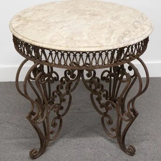 French Wrought Metal Marble Top Circular Garden Table