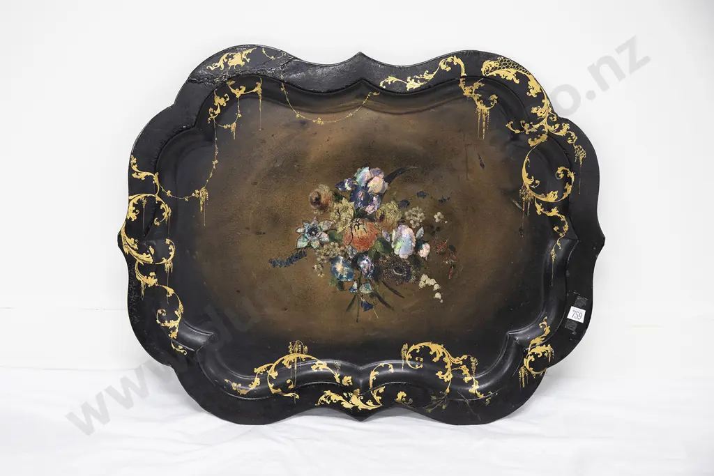 C19th Papier Mache Floral Painted & MOP Inlaid Tray Image 1++