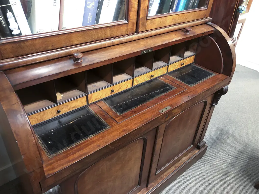 Vict Mahogany Cylinder Top Bureau Bookcase Image 1++