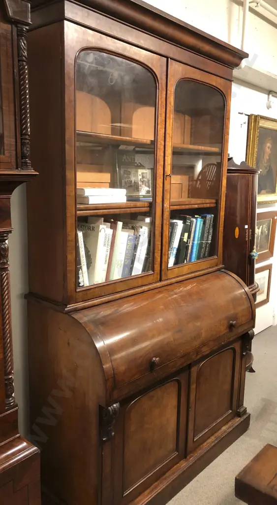 Vict Mahogany Cylinder Top Bureau Bookcase Image 1++