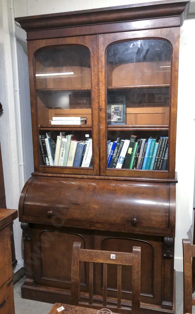 Vict Mahogany Cylinder Top Bureau Bookcase Image 1++