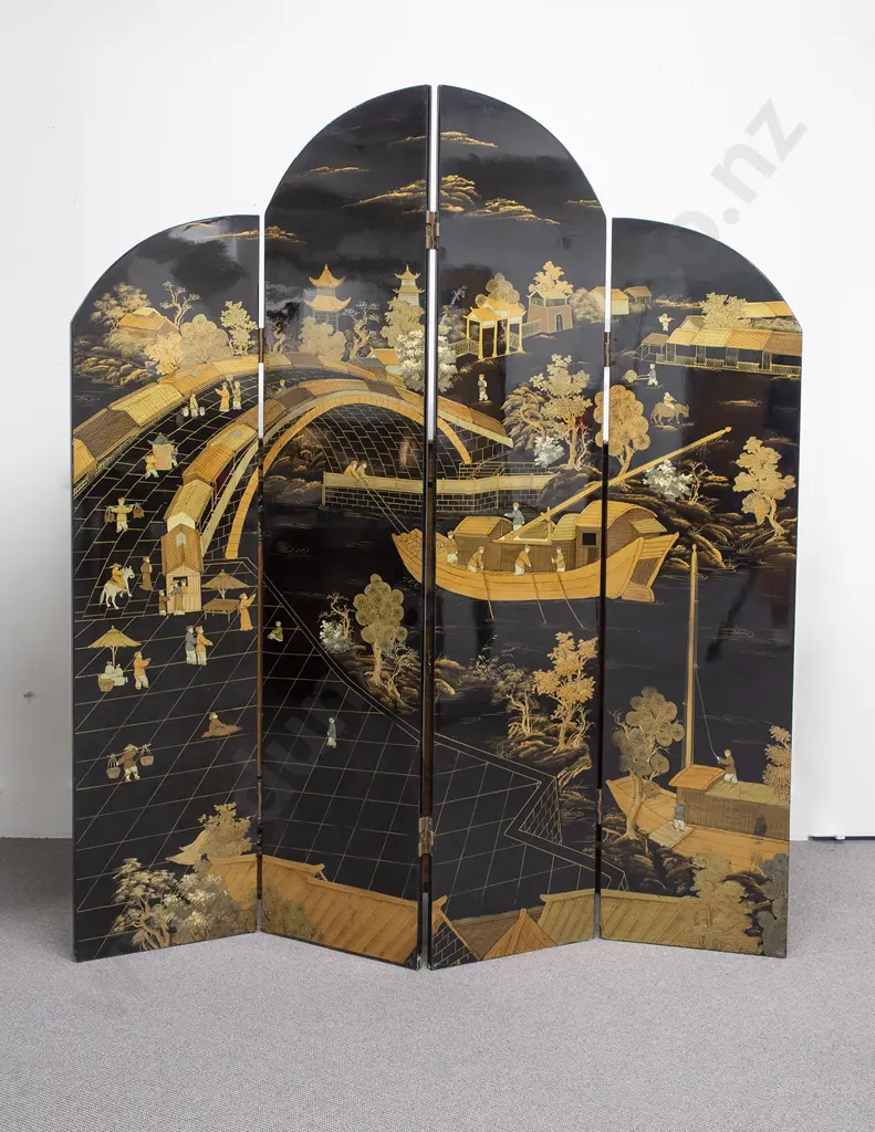 An Attractive C20th Japanese Black Lacquered 4 Panel Dressing Screen Image 1++