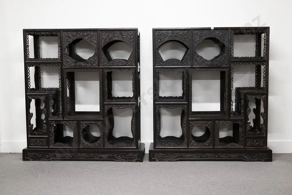 Ornately Carved Pair Of Chinese Ebonized Side Cabinets or Shodana Image 1++