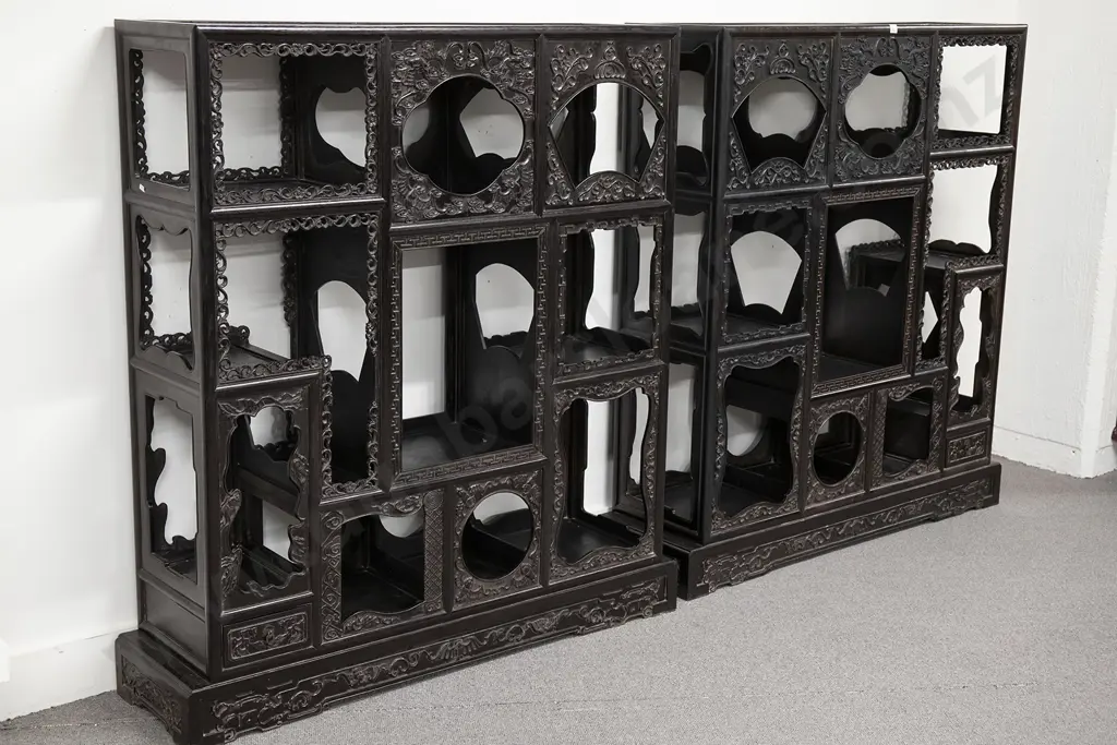 Ornately Carved Pair Of Chinese Ebonized Side Cabinets or Shodana Image 1++
