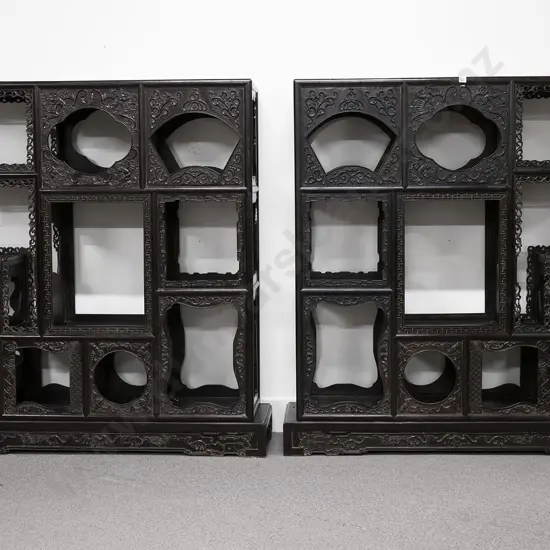 Ornately Carved Pair Of Chinese Ebonized Side Cabinets or Shodana