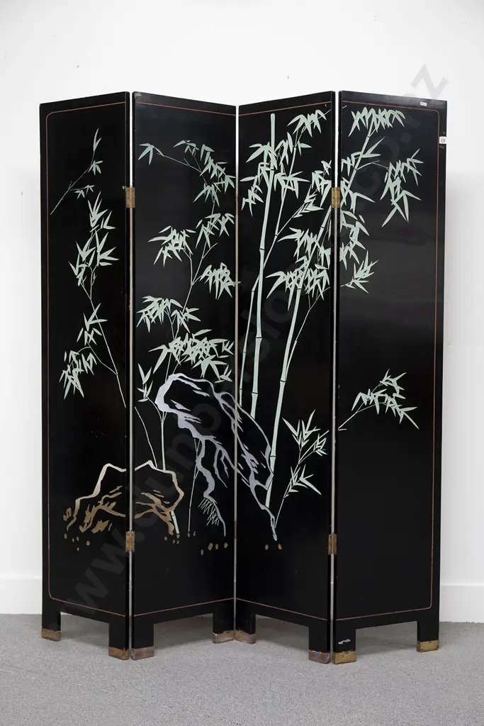 An Attractive C20th Japanese Black Lacquered 4 Panel Screen Image 1++