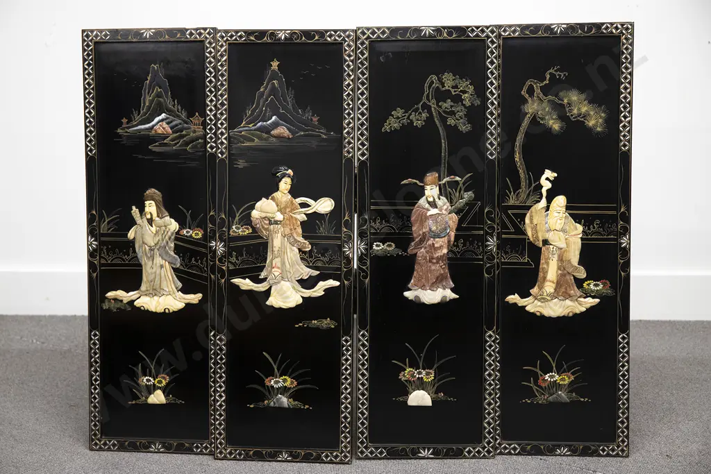 Set Of 4 C20th Black Lacquered Wall Panels Image 1++