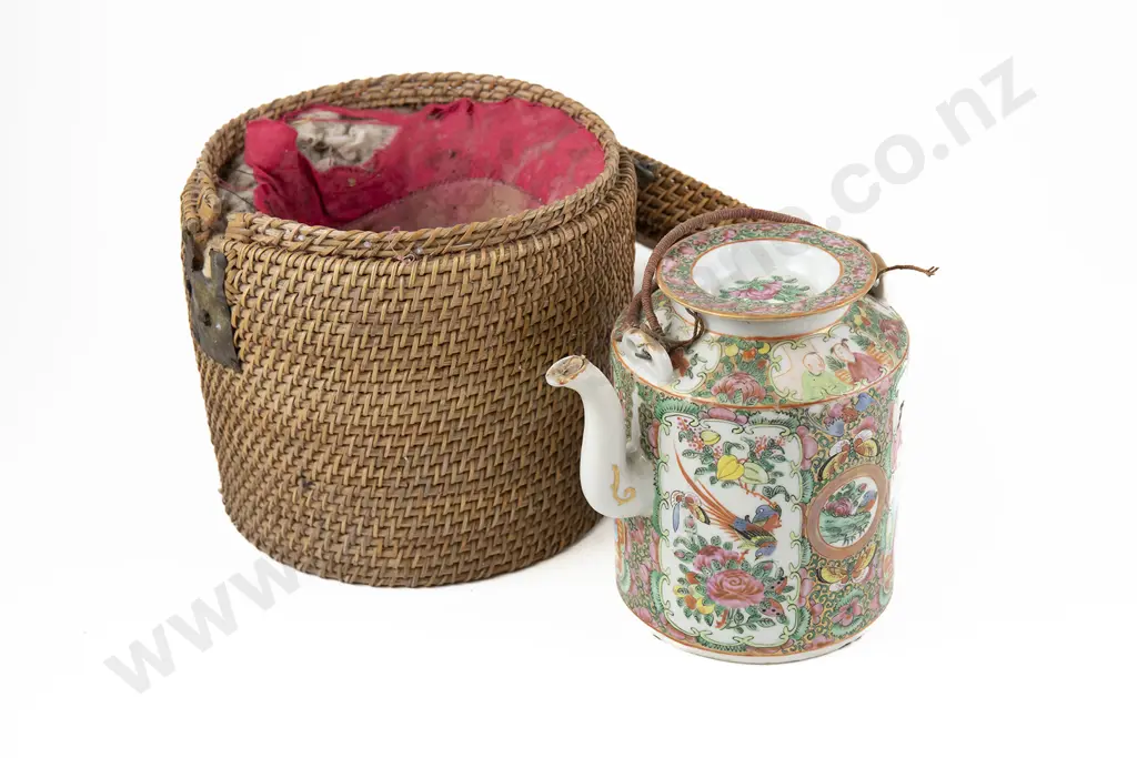 Canton Famille Rose Porcelain Teapot in a Fitted Woven Cane basket Image 1++